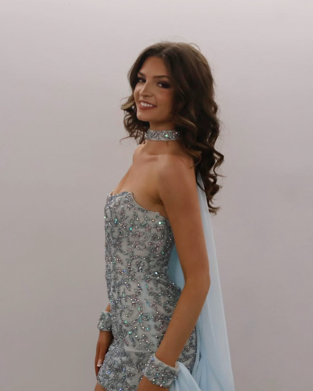 Beaded Sequin Mini Dress with Cape Sleeves