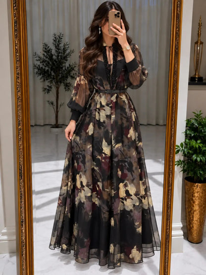 Floral Print Beaded Long Sleeve Chiffon Maxi Dress