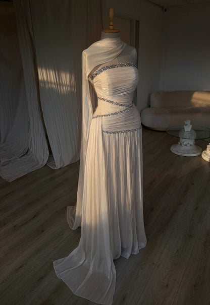 Ruched Column Gown with Draped Cape and Crystal Trim