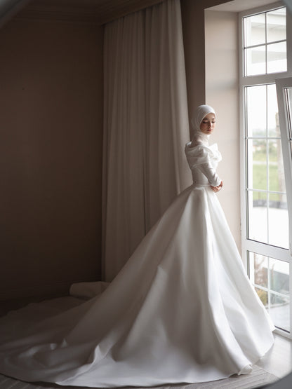 High-Neck Long Sleeve Satin Ball Gown Wedding Dress