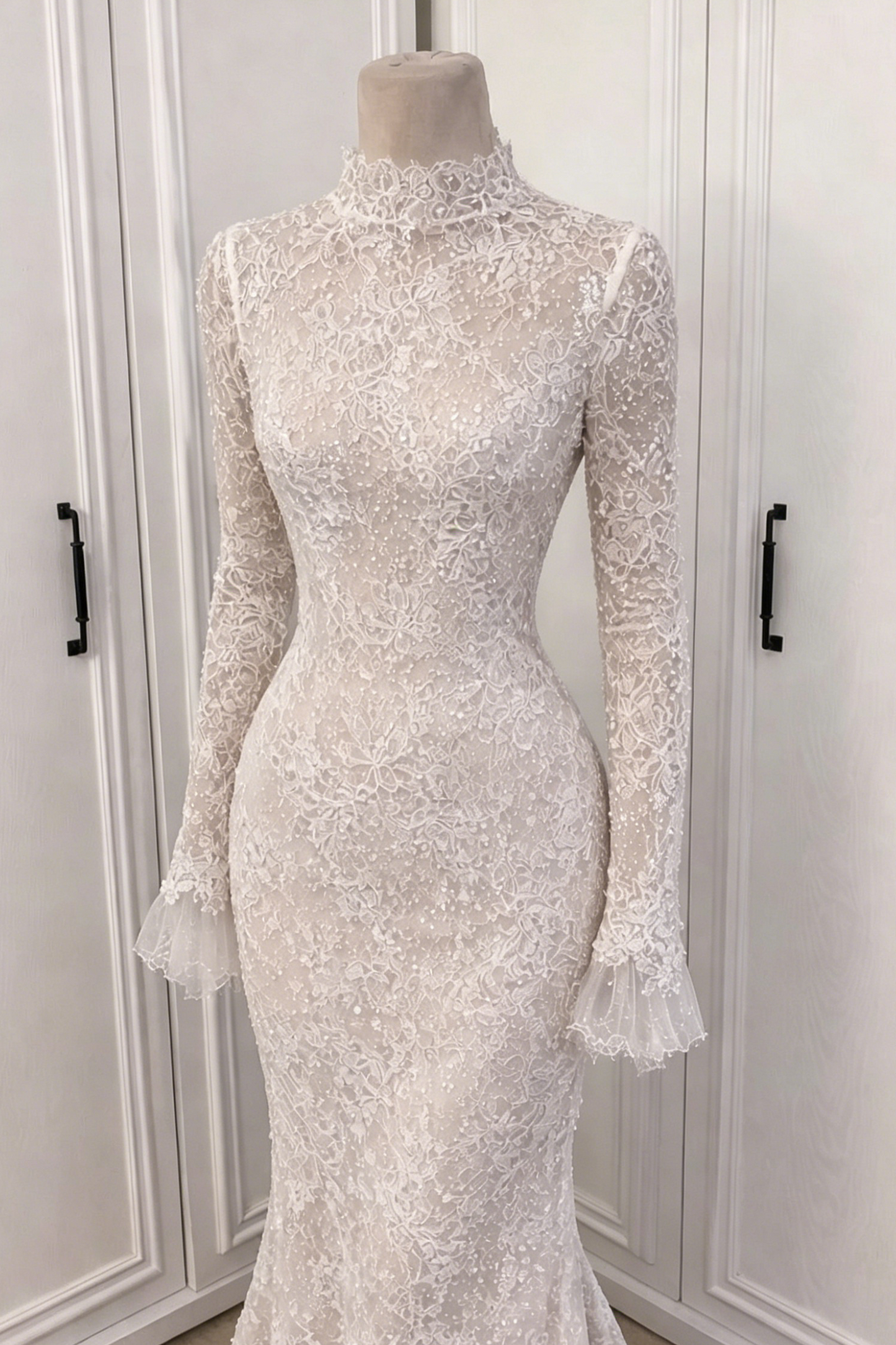 High Neck Lace Mermaid Wedding Dress with Long Sleeves