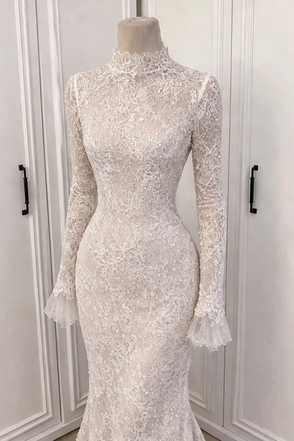 High Neck Lace Mermaid Wedding Dress with Long Sleeves