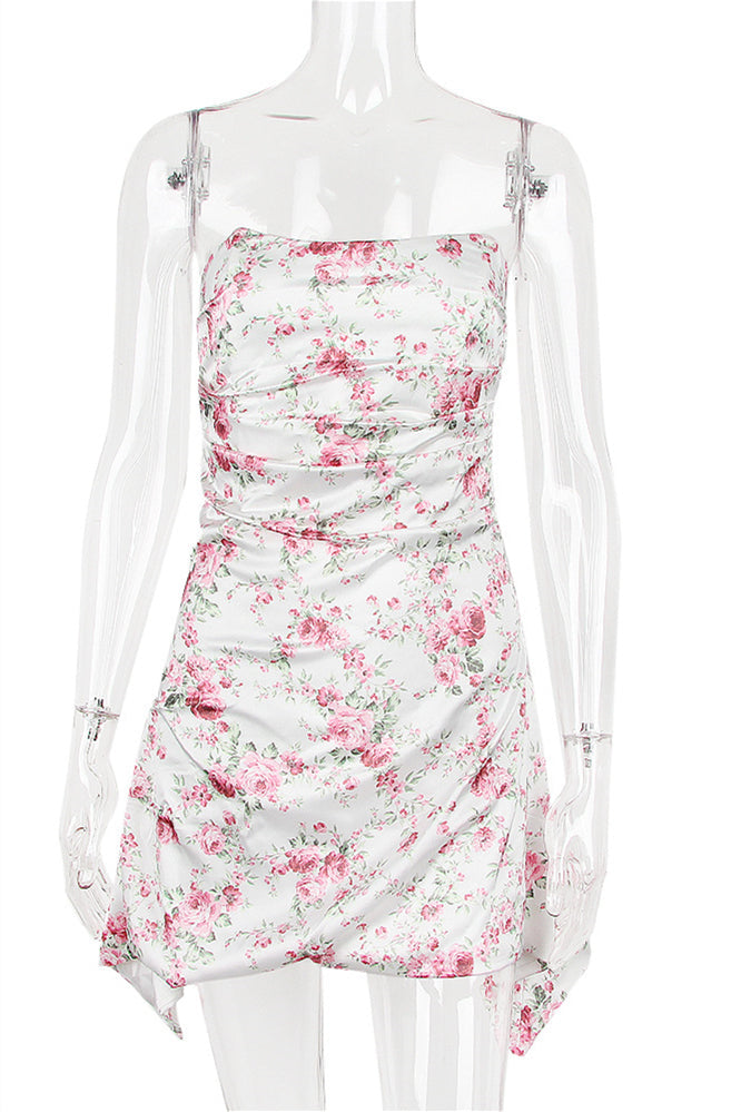 Strapless Ruched Satin Mini Dress
