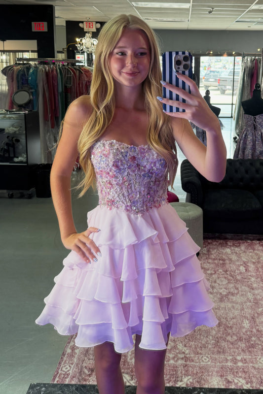Strapless Beaded Tiered Homecoming Mini Dress