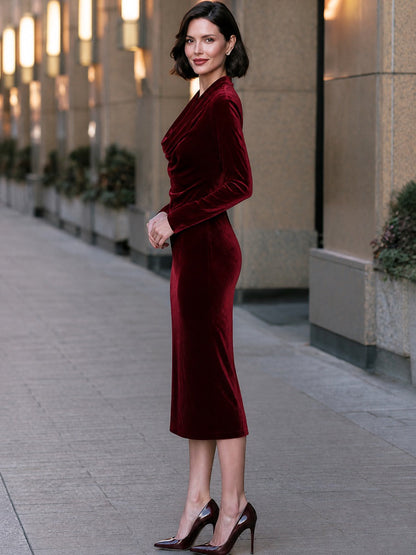 Cowl Neck Long Sleeve Velvet Midi Sheath Dress