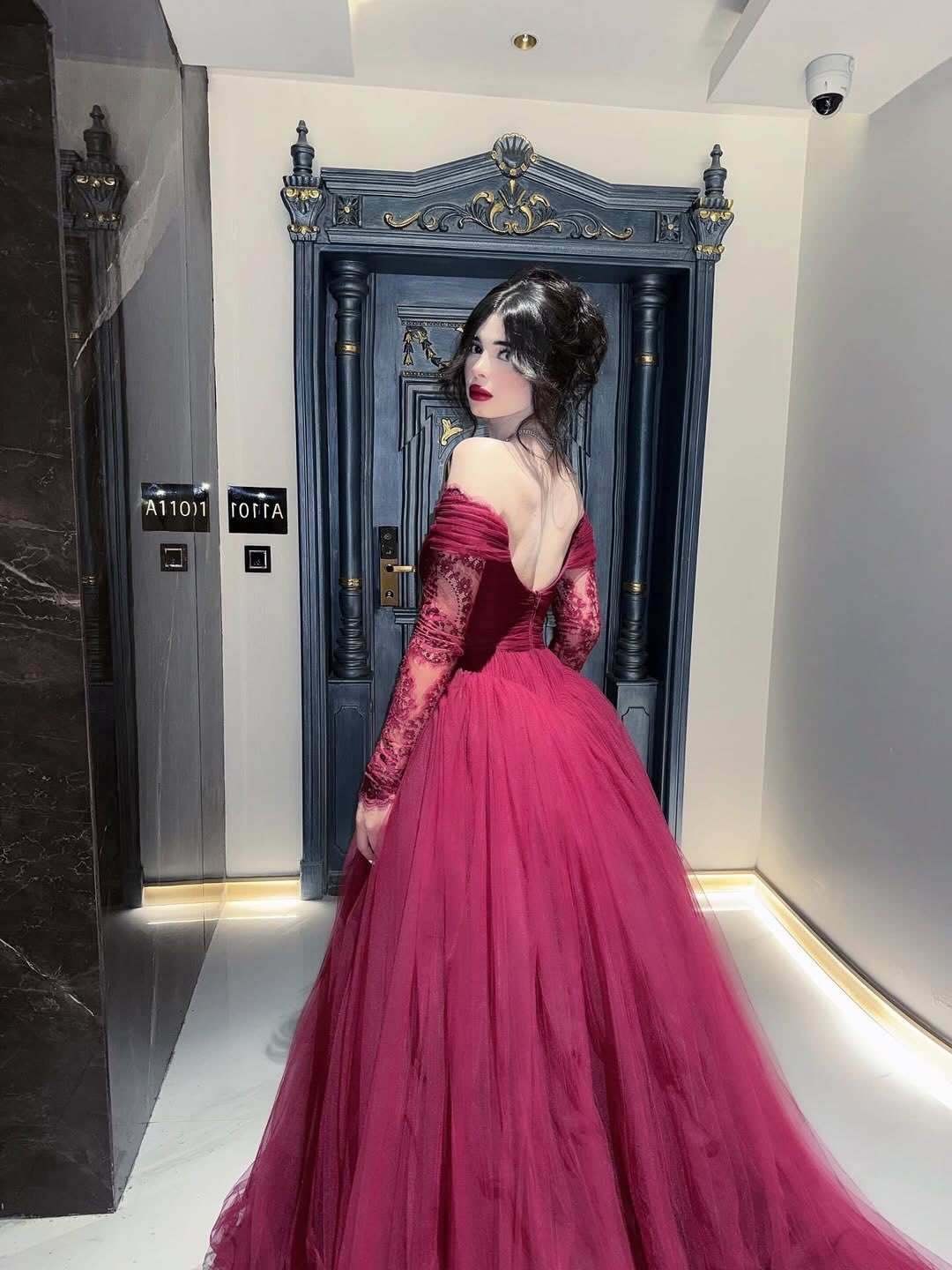 Off-Shoulder Lace Sleeve Ball Gown
