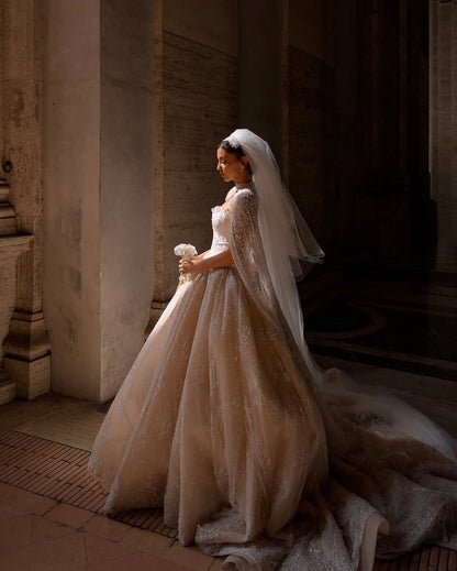 Embroidered Lace Ball Gown Wedding Dress with Cape