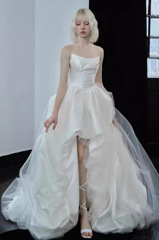 Asymmetric Strapless Tulle Ball Gown Wedding Dress