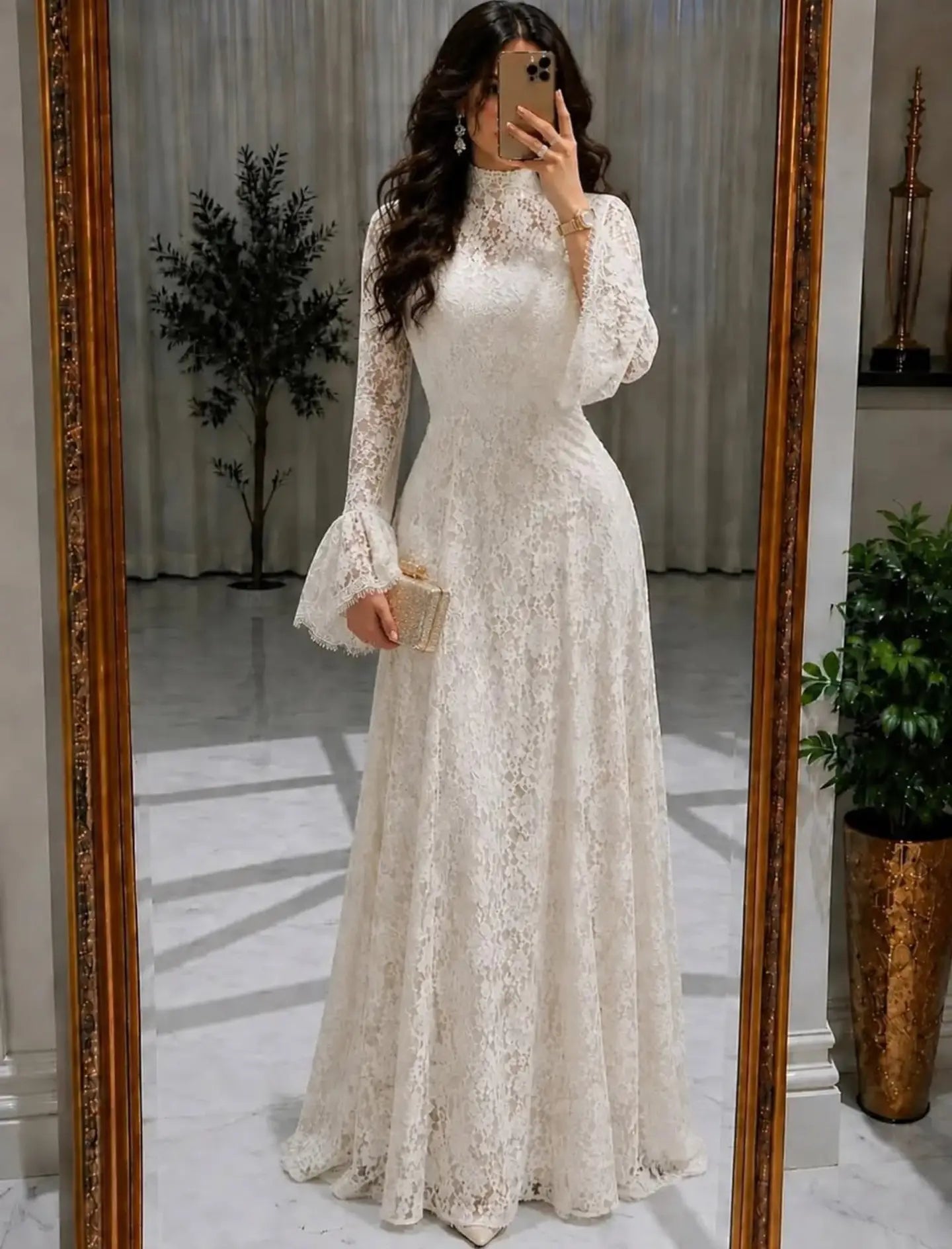 High Neck Lace Maxi Dress with Bell Sleeves