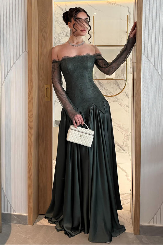 Off-Shoulder Lace Sleeve Satin Evening Gown