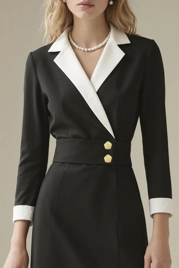 Lapel Collar Wrap Dress with Wide Waistband