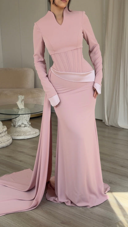 Corset Waist Long Sleeve Gown with Side Drape