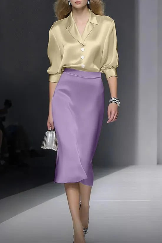 Satin Blouse and Midi Pencil Skirt Two-Piece Set