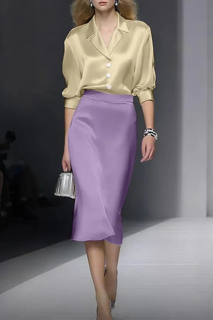Satin Blouse and Midi Pencil Skirt Two-Piece Set