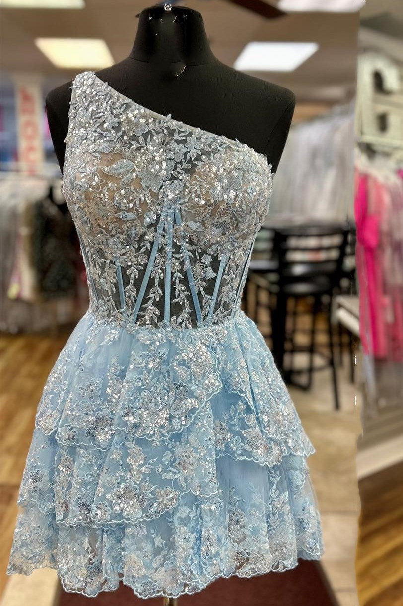 One-Shoulder Tiered Corset Short Homecoming Dress
