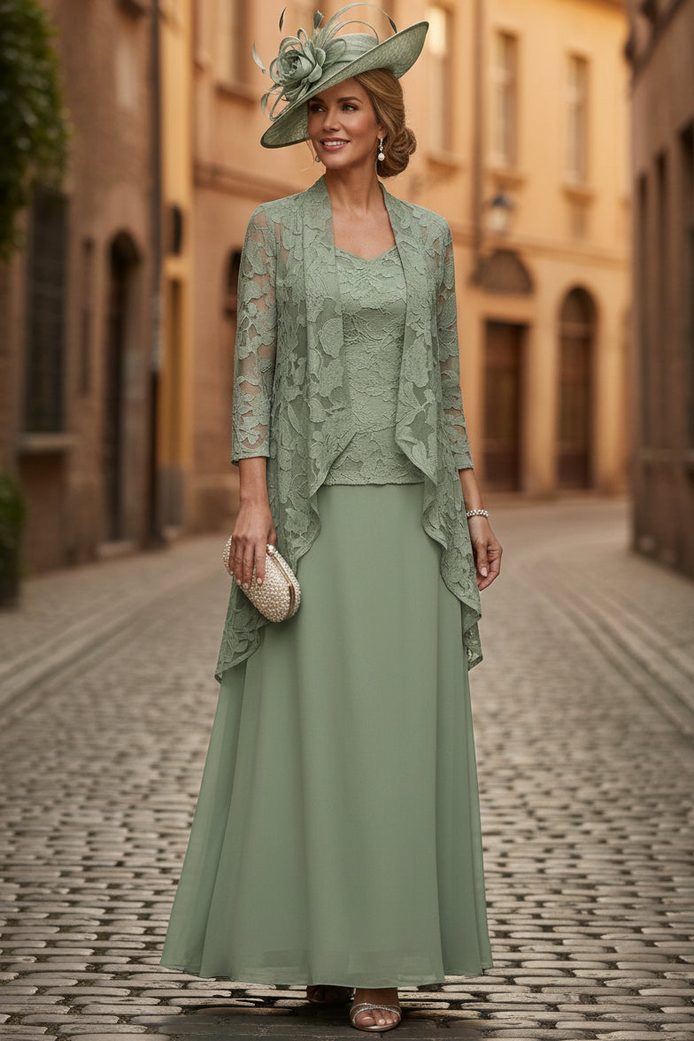 Sage Green Lace Jacket Chiffon Mother of the Bride Dress