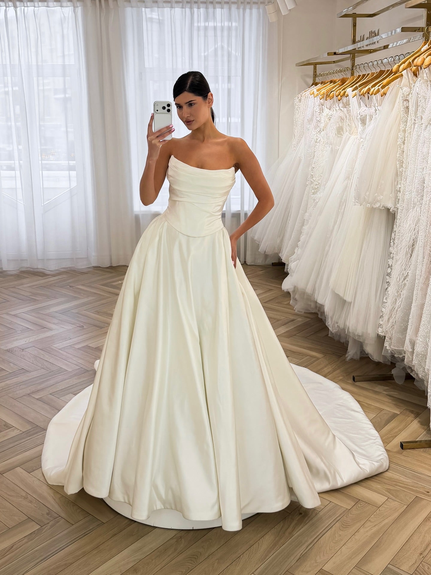 Strapless Satin Ball Gown Wedding Dress with Corset