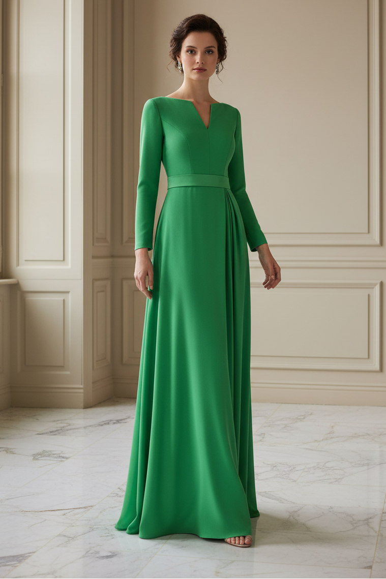 Elegant Long Sleeve V-Neck Crepe Gown