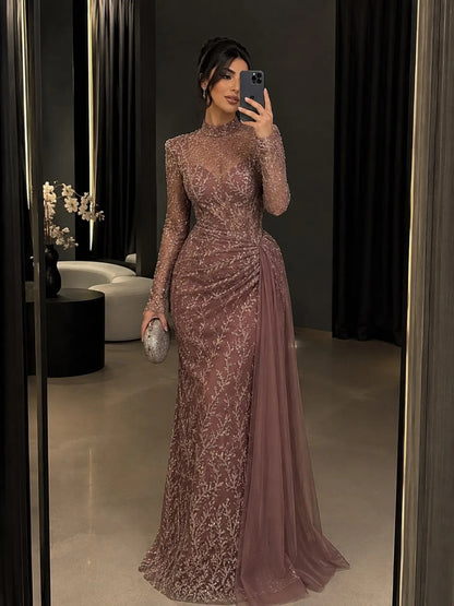 Beaded High Neck Evening Gown with Side Drape