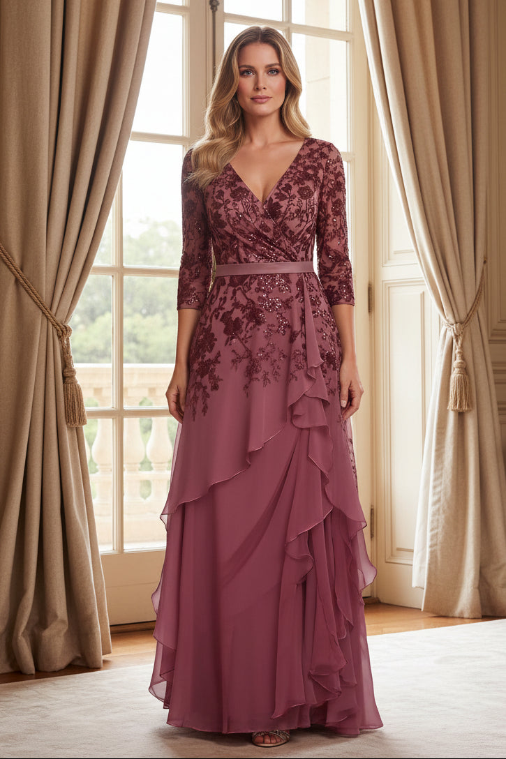 Embroidered Sequin V-Neck Gown with Cascading Ruffles