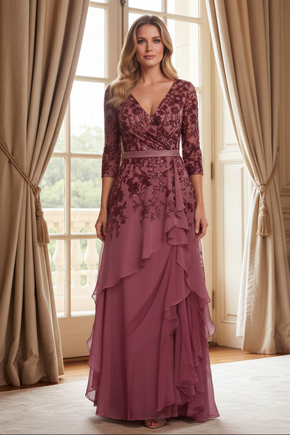 Embroidered Sequin V-Neck Gown with Cascading Ruffles