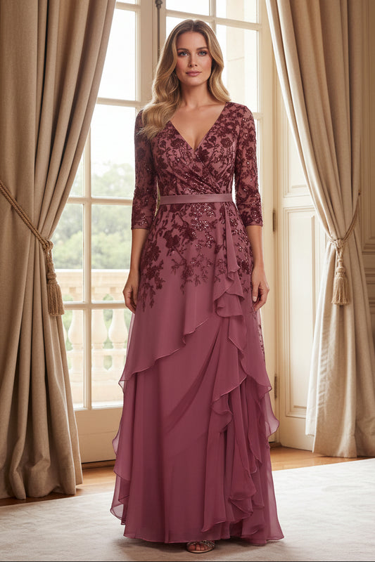 Embroidered Sequin V-Neck Gown with Cascading Ruffles