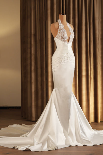 Halter Deep V-Neck Mermaid Wedding Dress with Lace
