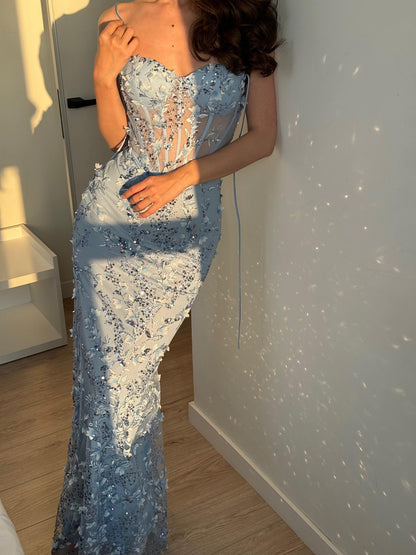 Floral Applique Corset Mermaid Evening Gown