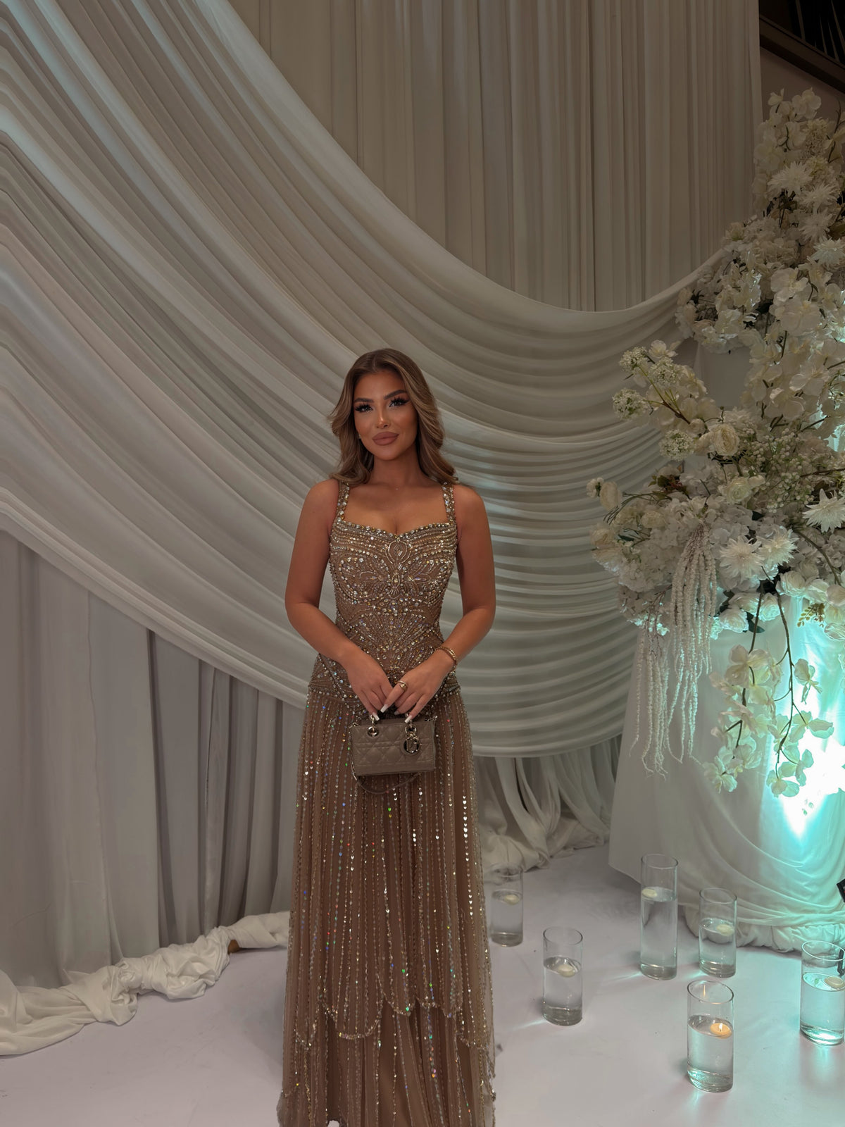 Crystal Embellished Tiered Evening Gown