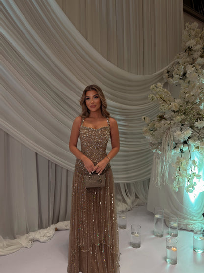Crystal Embellished Tiered Evening Gown