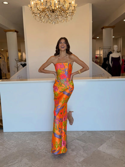 Strapless Floral Jacquard Floor-Length Gown