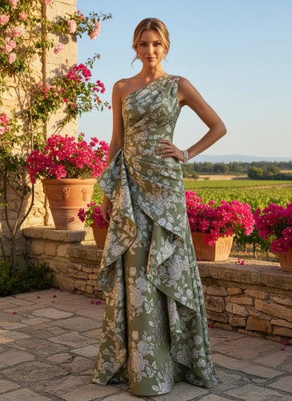 One-Shoulder Floral Jacquard Gown with Side Draping