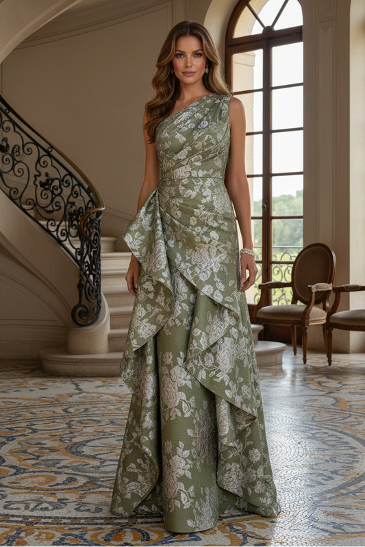 One-Shoulder Floral Jacquard Gown with Side Draping