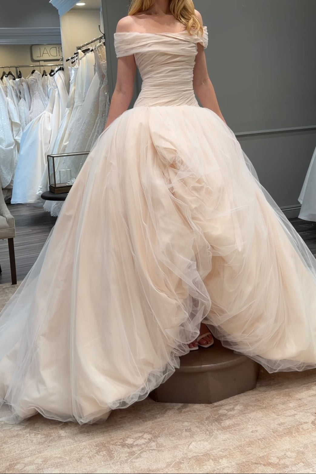 Ruched Off-the-Shoulder Tulle Ball Gown Wedding Dress