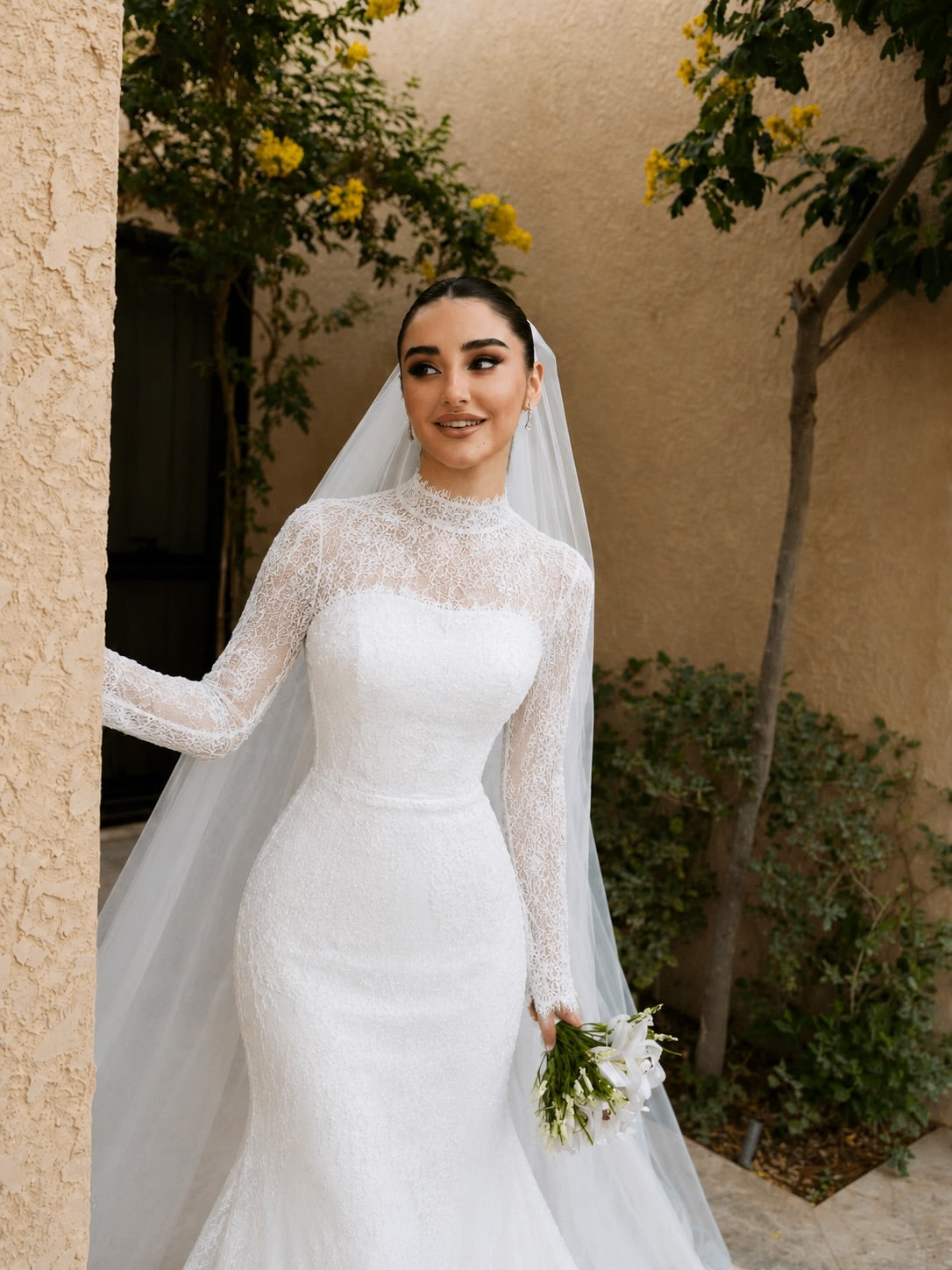 Illusion High Neck Long Sleeve Mermaid Bridal Gown