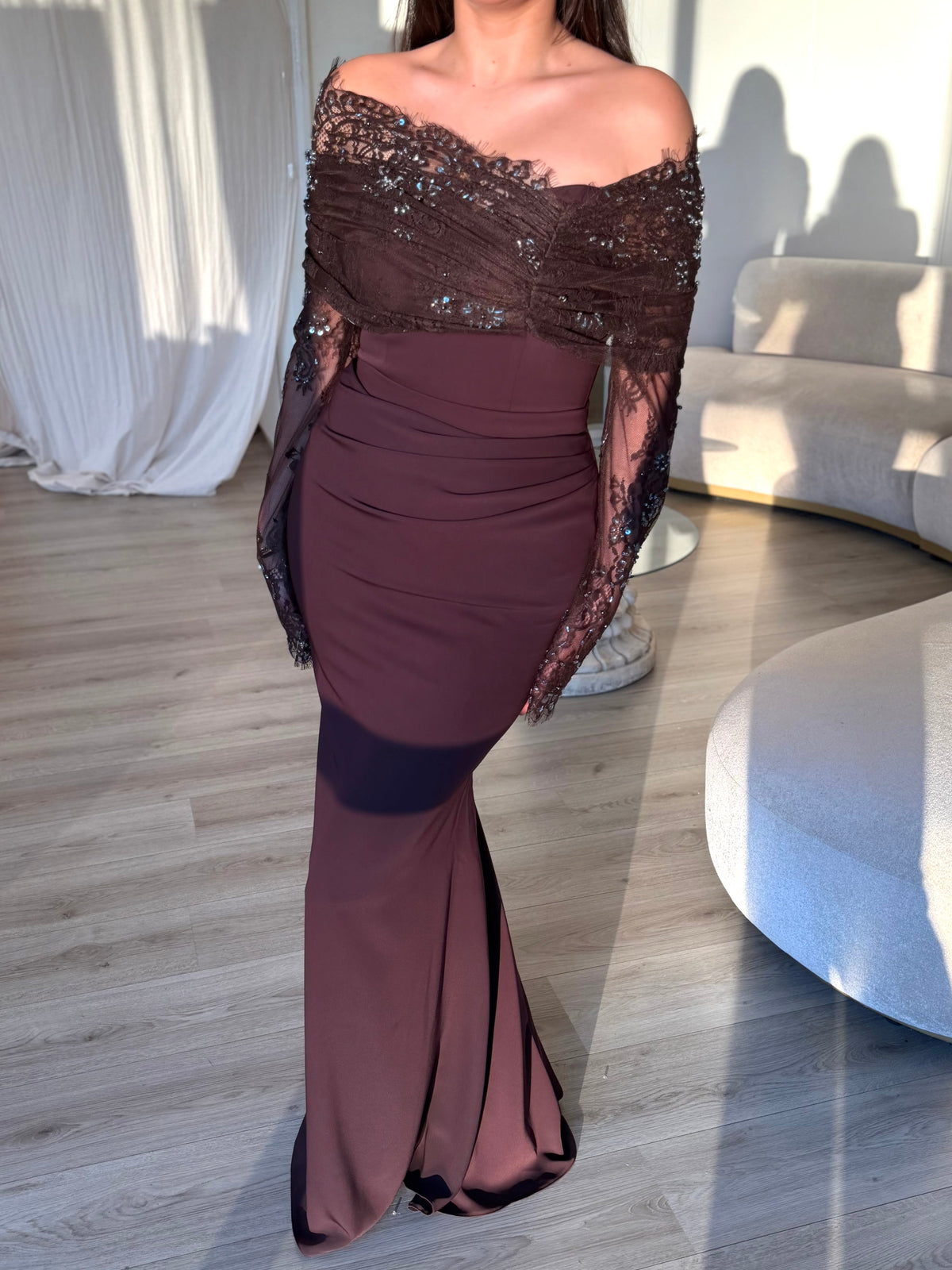 Off-the-Shoulder Beaded Lace Maxi Dress