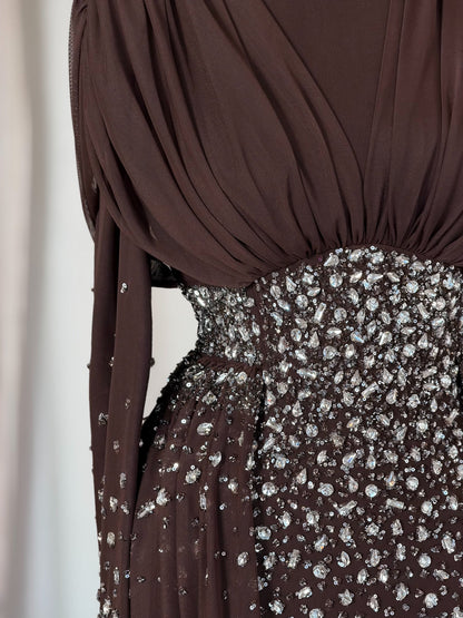 High-Neck Rhinestone Gown with Draped Bodice