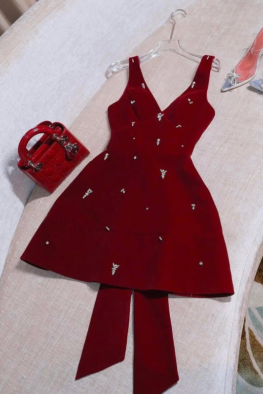 Velvet A-Line Mini Dress with Crystal Accents and Bow
