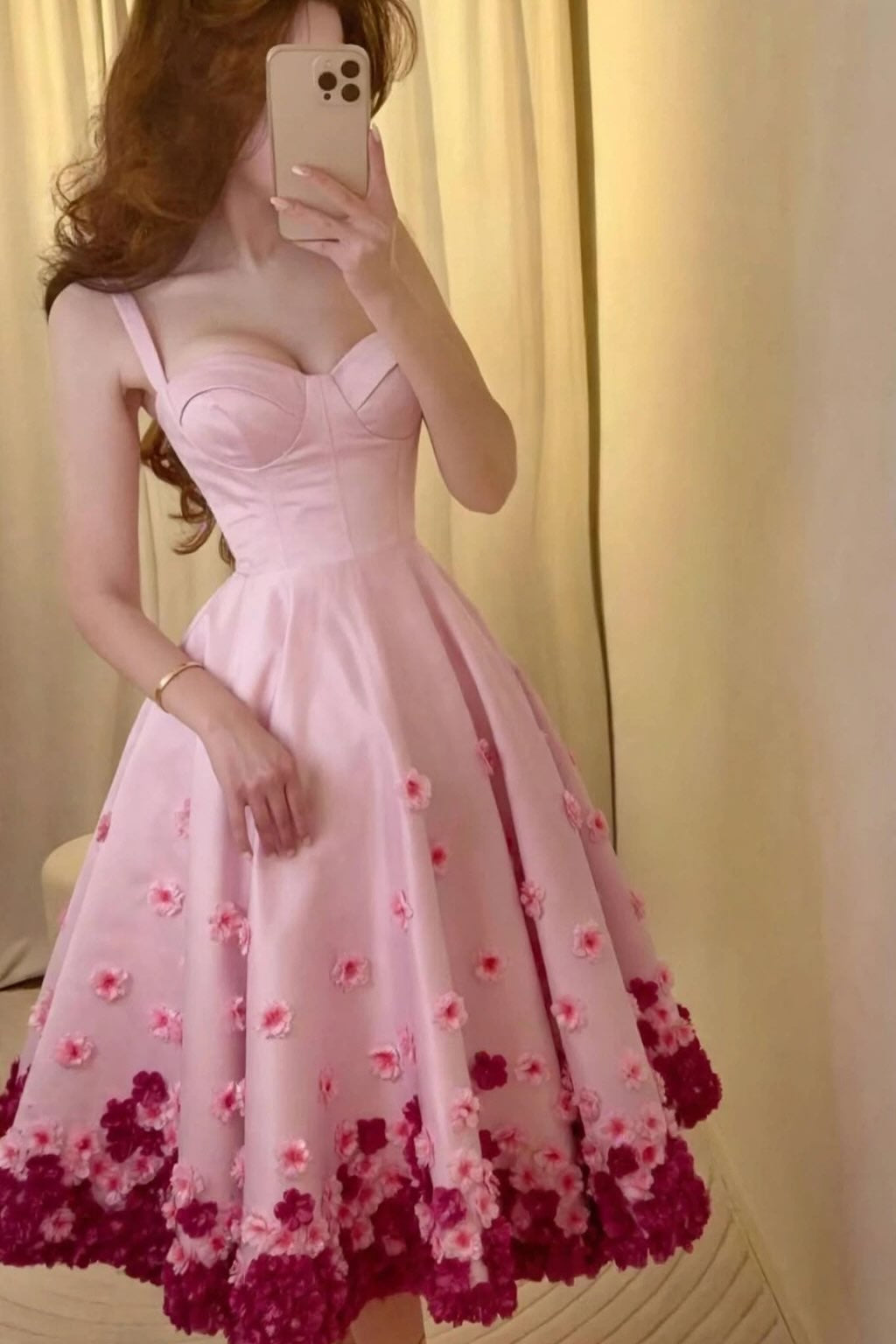 Bustier A-Line Midi Dress with 3D Floral Hem