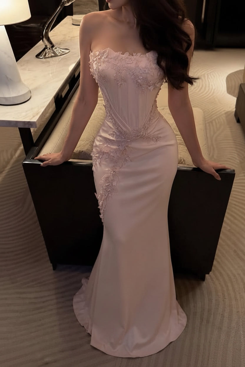 Strapless Corset Gown with Floral Appliques