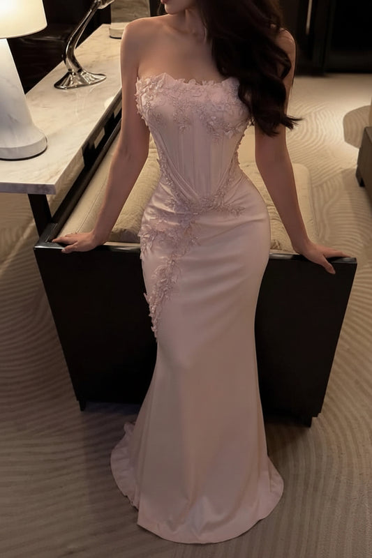 Strapless Corset Gown with Floral Appliques