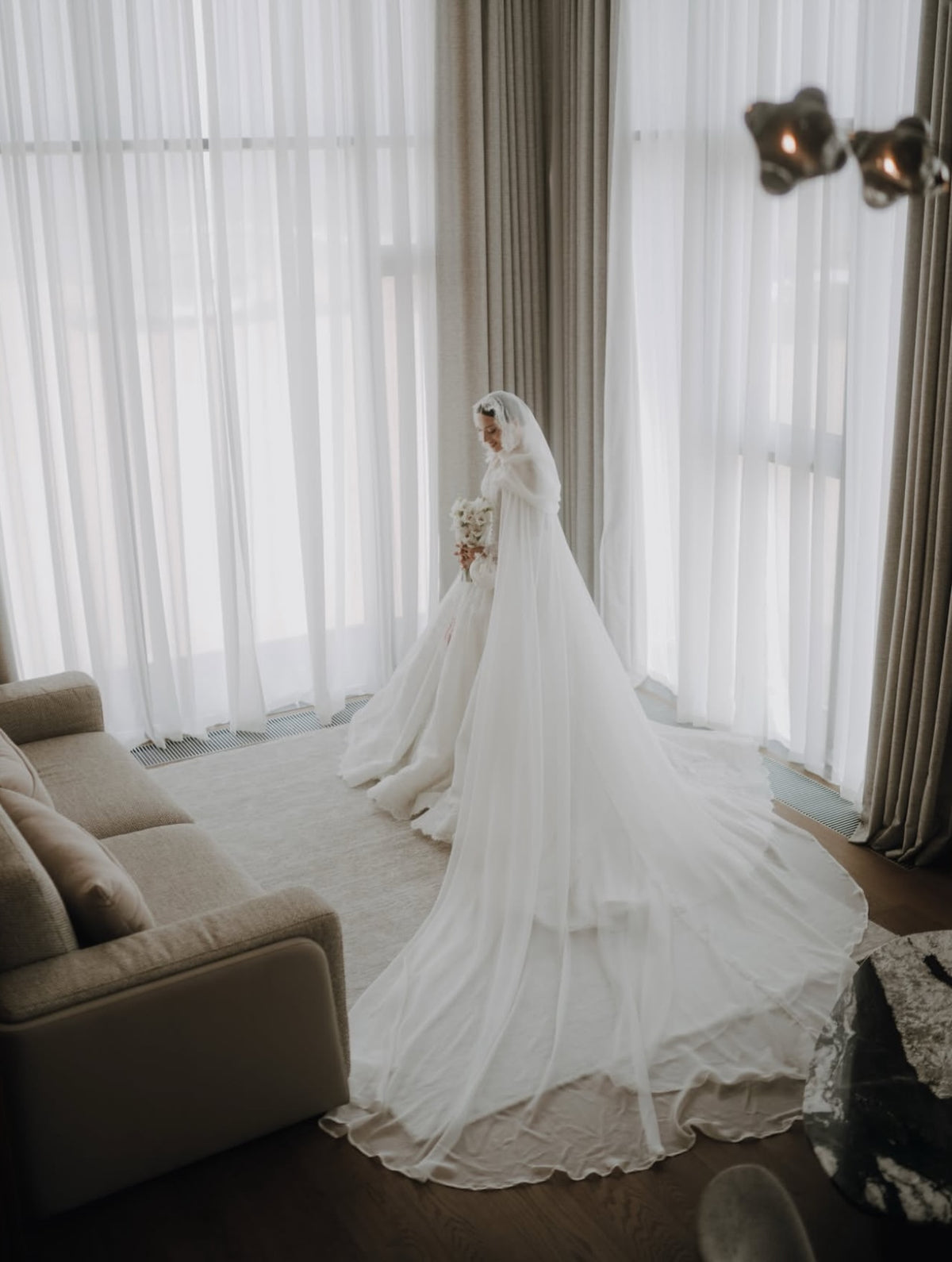 Lace Ball Gown Wedding Dress with Cape & Long Sleeves