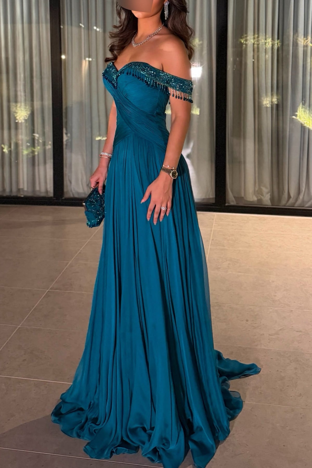 Off-the-Shoulder Beaded Evening Gown with Pleated Skirt