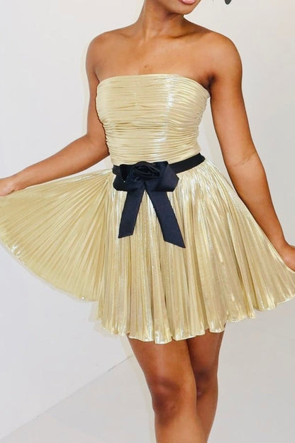 Metallic Pleated Strapless Fit & Flare Mini Dress