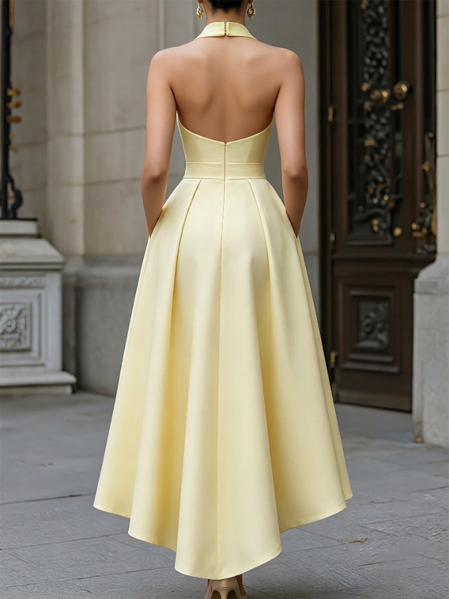 Halter High-Low Dress with Neck Bow and Pockets