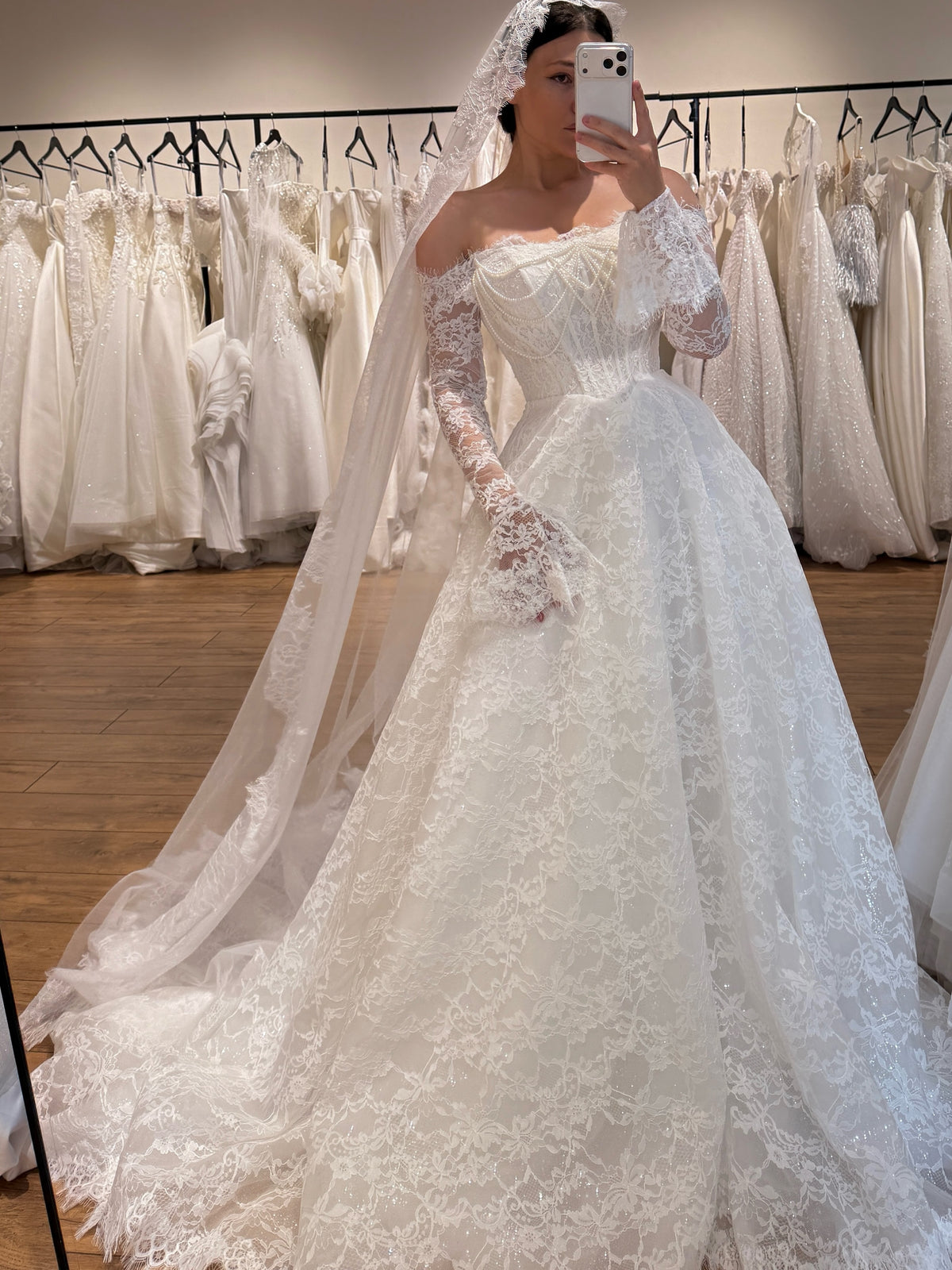 Off-the-Shoulder Lace Ball Gown Wedding Dress