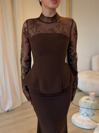 High-Neck Lace Long Sleeve Peplum Mermaid Gown