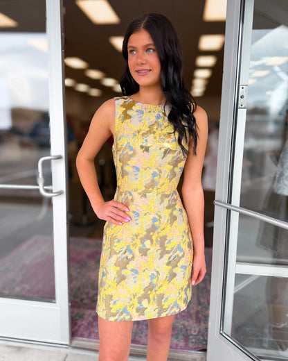 Sleeveless Floral Jacquard V-Back Mini Dress