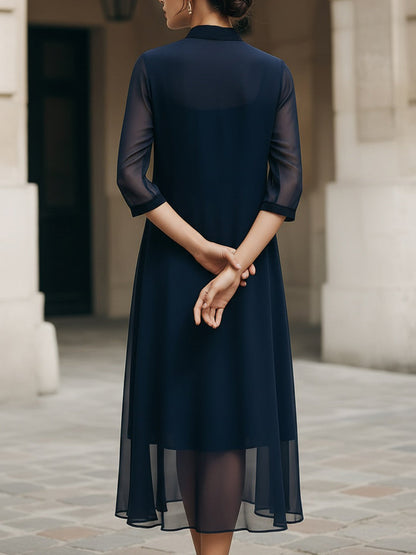 Mandarin Collar Sheer Layer Midi Dress