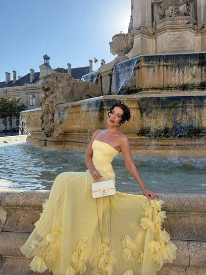 Strapless Pleated Evening Gown with 3D Florals